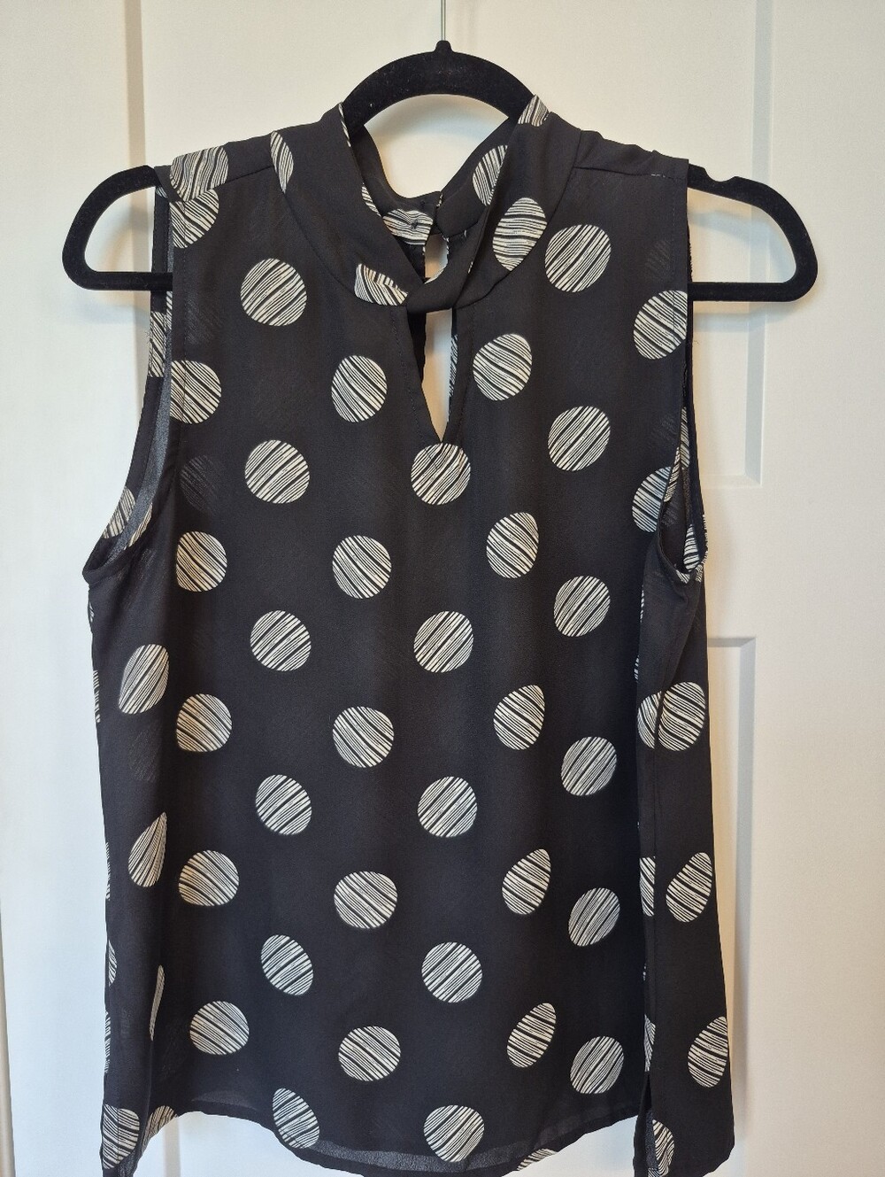 Anemone Black Sleeveless Polka Dot Tie-Neck Top